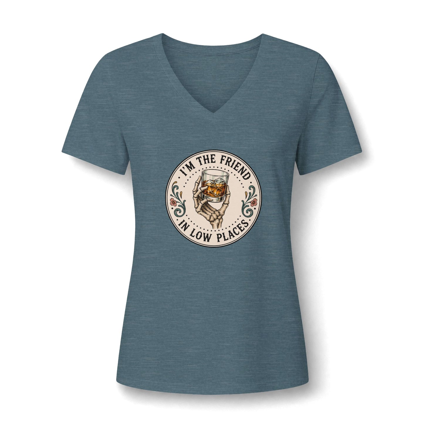 I'm the Friend in Low Places Women's Skeleton Whiskey V-Neck Tee