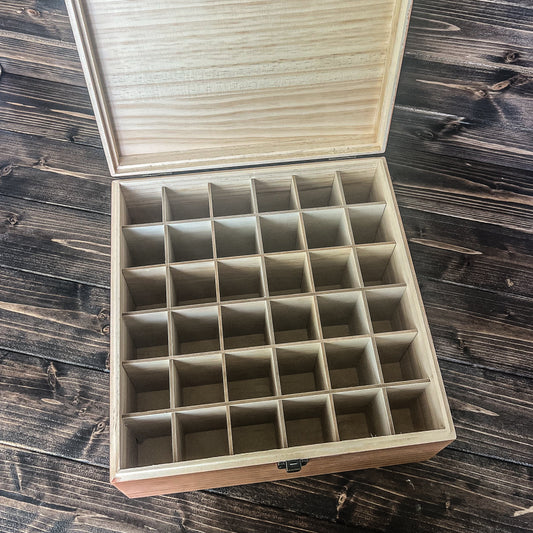 2 oz Whiskey Sample Bottle Decorative Storage box, open showing 36 empty slots