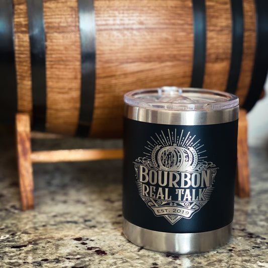 photo of a Bourbon Real Talk insulated tumbler with a small whiskey barrel
