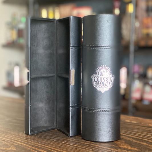 photo of Bourbon Real Talk 6oz glass carriers, one is open, one is closed