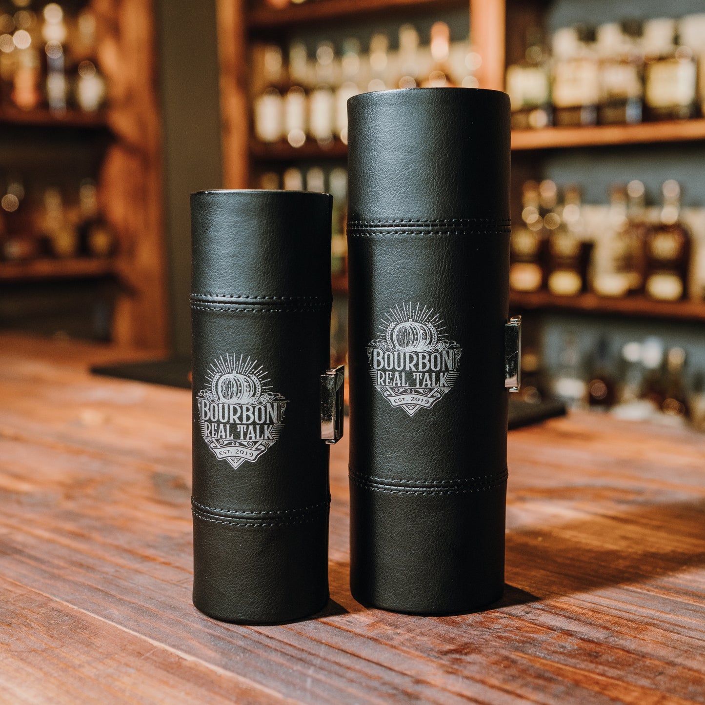 photo of a Bourbon Real Talk 3oz and 6oz glass carrier side by side
