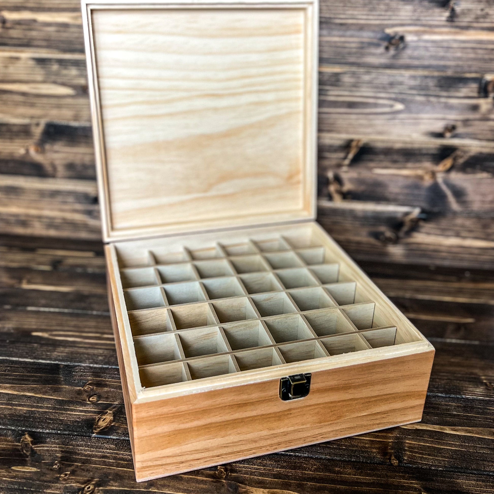 1 oz Whiskey Sample Bottle Decorative Storage box, open box with 36 spaces for 1oz samples bottles. 