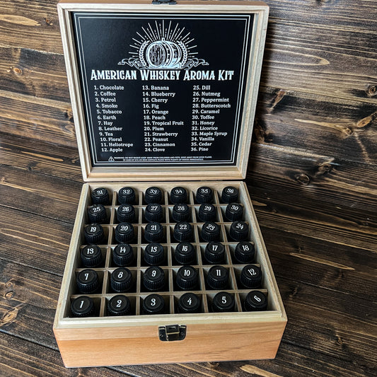American Whiskey Aroma Kit with 36 scents, shows open box with legend 