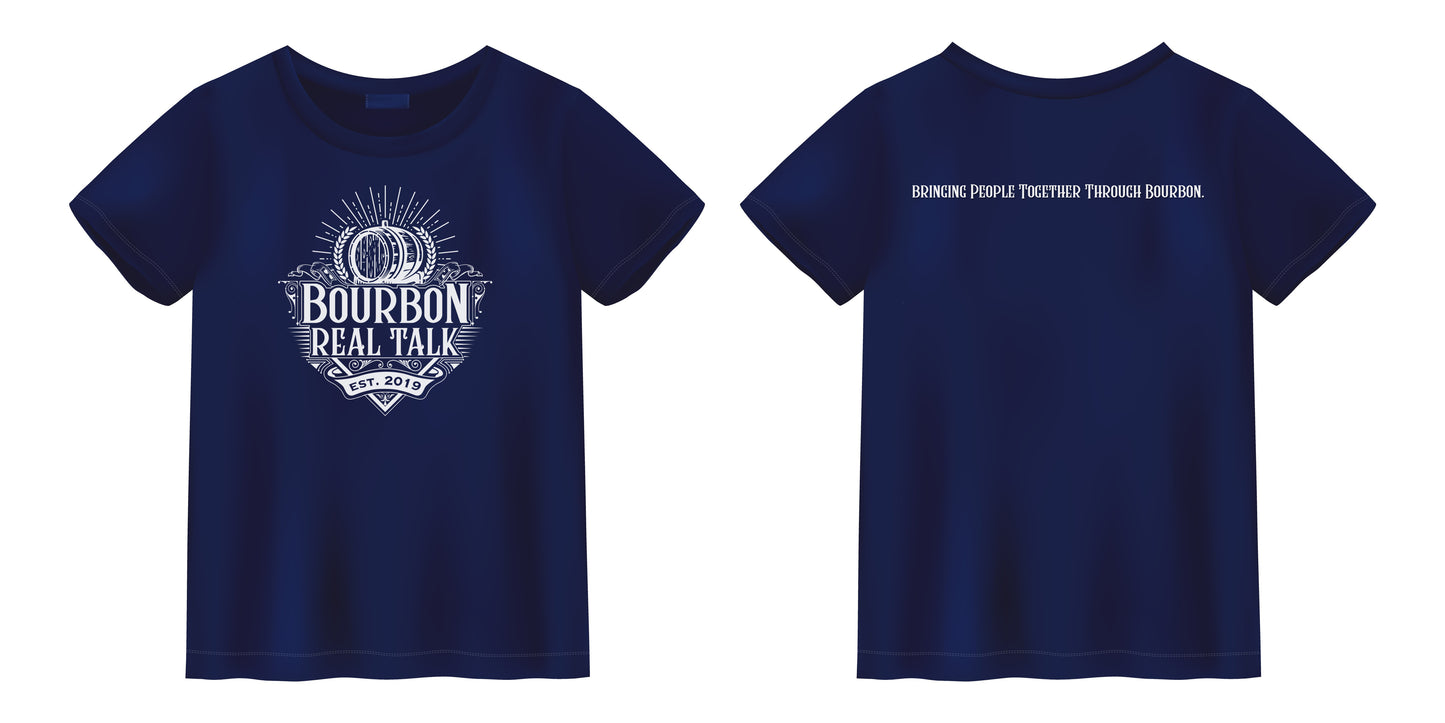 Flat lay product photos of the front and back of a Bourbon Real Talk tshirt 