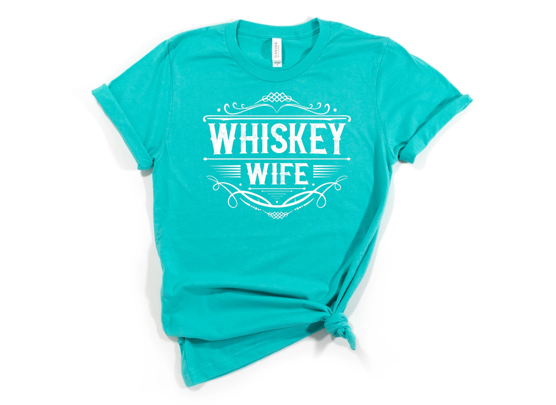 Flat Lay product shot of the light aqua whiskey wife t-shirt